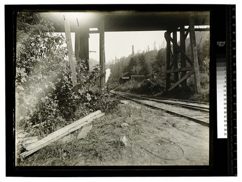 [Close up view of railroad tracks under a bridge]