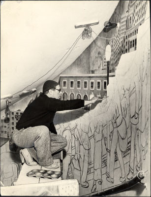 [Artist Lucien Labaudt working on a Coit Tower mural]
