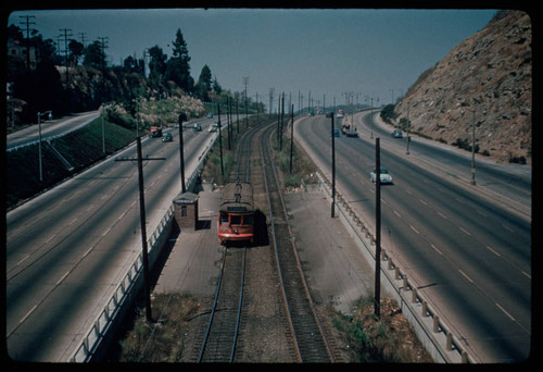 Pacific Electric Railway car, Hollycrest station, Cahuenga Pass, on the Van Nuys line