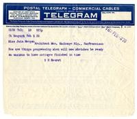 Telegram from William Randolph Hearst to Julia Morgan, February 3, 1920