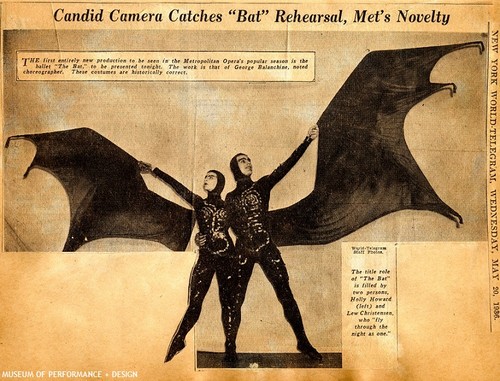 Image with Lew Christensen and Holly Howard in press clipping "Candid Camera Catches 'Bat' Rehearsal, Met's Novelty"