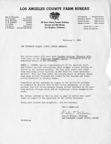 Letter from Los Angeles County Farm Bureau to members about meeting on February 14, 1939