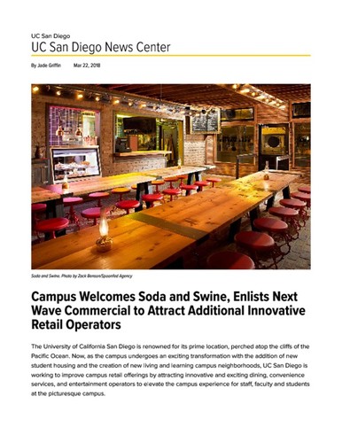 Campus Welcomes Soda and Swine, Enlists Next Wave Commercial to Attract Additional Innovative Retail