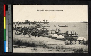 Royal canoes by the river, Zambia, Africa, ca.1920-1940