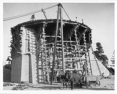 Construction of the foundation and support pier for the Hooker telescope building, Mount Wilson Observatory