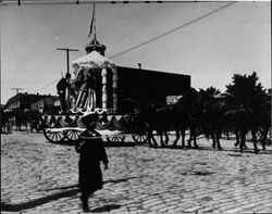 Float in front of the Petaluma Fire Department station on Washington Street, Petaluma, California, about 1895