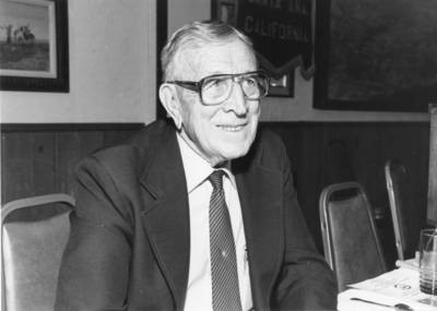 John Wooden, speaker for the Chapman College Athletic Foundation Luncheon, 1983