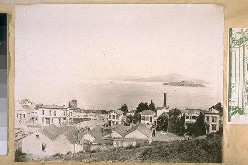 North Beach from Hyde St. above Bay St. in 1885. See smoke stacks of Selby's Smelting and Refining Co.'s