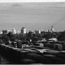 "Sacramento skyline looking north from RR overpass at 12th Ave near Hughes Stadium"