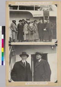 Album page, top: Mr. And Mrs. Robert Dollar and party on board S.S. President Jackson, Seattle; bottom: Mr. Robert Dollar and Mr. A. F. Haines