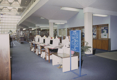 Interior of the Main Library at 1343 Sixth Street in Santa Monica before the 1999 interim remodel designed by Architects Hardy Holzman Pfeiffer