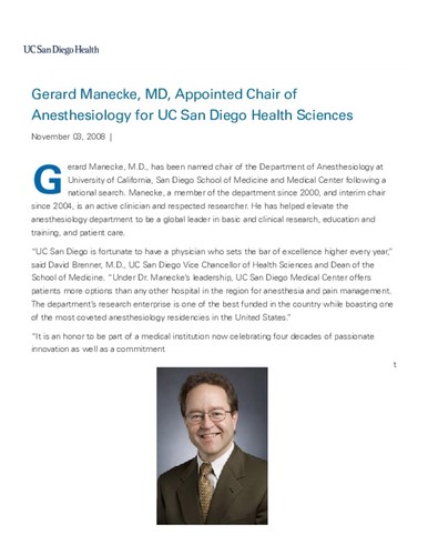 Gerard Manecke, MD, Appointed Chair of Anesthesiology for UC San Diego Health Sciences