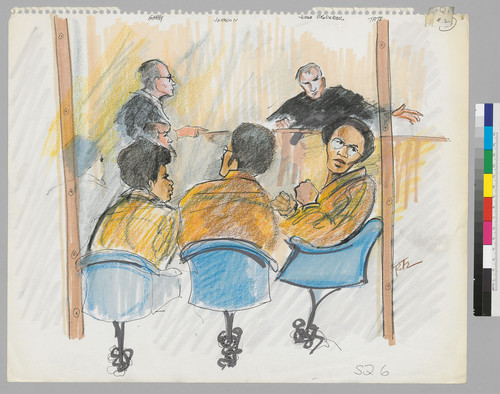 [recto]: [L-R foreground]: Defendants Fleeta Drumgo, David Johnson, Willie Tate; Defense Attorney Charles Garry; Judge Henry Broderick