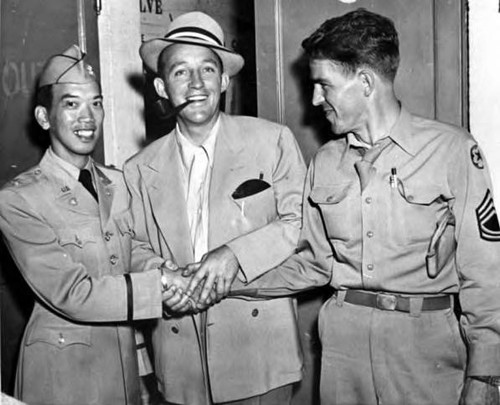 Major Victor Quon with Bing Crosby and a writer- 1945