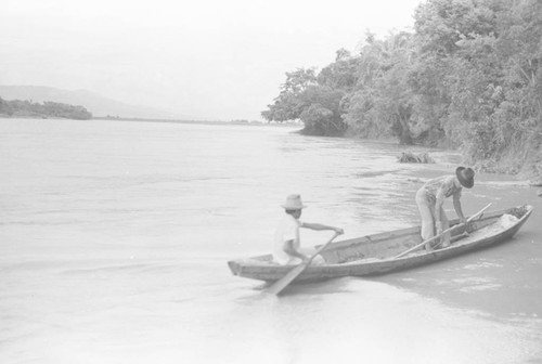 Two men on a fishing boat, La Chamba, Colombia, 1975
