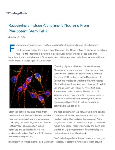 Researchers Induce Alzheimer's Neurons From Pluripotent Stem Cells