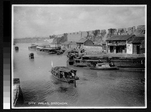 Boats on river outside city walls, Suzhou, China, ca.1920-1930