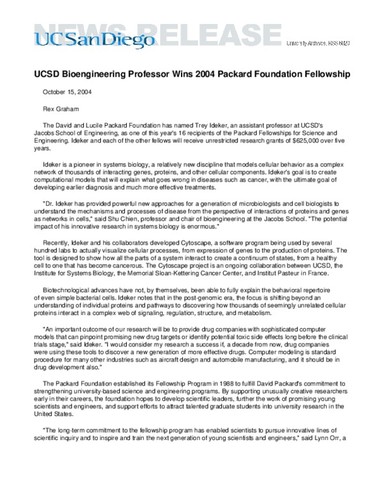 UCSD Bioengineering Professor Wins 2004 Packard Foundation Fellowship