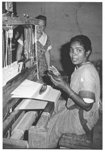 South India, Tiruvannamalai, 1977. The Weaving School for widows with children. The Danish Miss