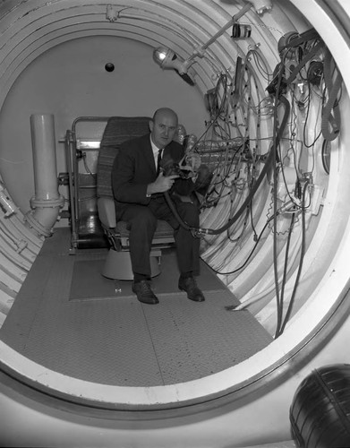 Gordon Hahn inside a tank, Los Angeles, 1962