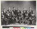 Berkeley campus. The first four-year class to enter the University was known as 'The Twelve Apostles' and graduated in 1873. Seated: G. Edwards, L. Hawkins, F. Rhoda, E. Scott, G. Ainsworth, J. Bolton; standing: J. Reinstein, F. Otis, J. Budd (governor of California, 1895-99), T. Woodward, C. Wetmore, N. Newmark