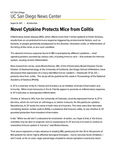 Novel Cytokine Protects Mice from Colitis