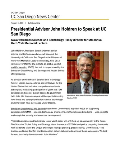 Presidential Advisor John Holdren to Speak at UC San Diego