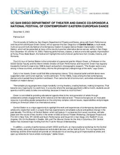 UC San Diego Department of Theater and Dance Co-Sponsor a National Festival of Contemporary Eastern European Dance