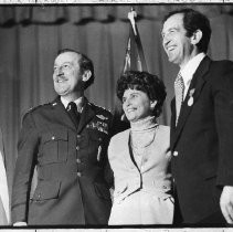 General Felix M. Roges (left) head of the U.S. Air Force Logistics Command shown with Shirley Farinha and husband Claude J. Farinha an employee of the Logistics Center honored with Decoration for Exceptional Civilian Service