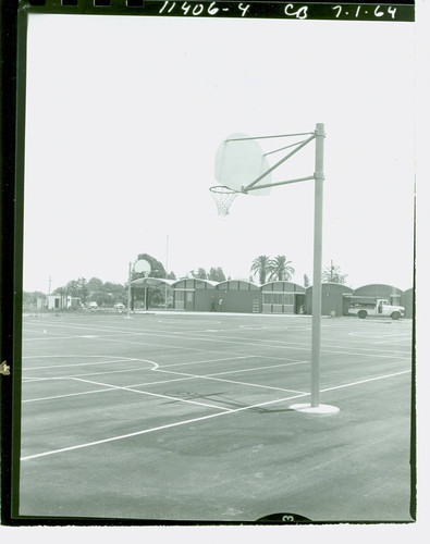 View of the basketball court and community building at Manzanita Park