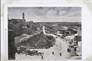 Jerusalem. Die Citadelle, auf den von Herodes erbauten Türmen errichtet. Strasse nach rechts führt nach Bethlehem