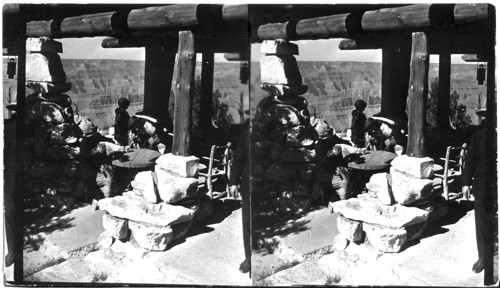 Hermit Rest on the south rim (west end) looking north into canyon. "This & 48015 were developed with a contrast developer used by studio at El Tovar. But I had a print made in softer paper than this (I can't find it now) & it shows very, very good, while this print & print 48015 that you made are simply the worst think I ever saw. Mr. Singley talks about my not worrying about your printing, but if I have to feel any interest in our success I can't help but say that this is the "worst ever"