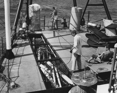 Steaming the hydrophones in preparation for a seismic run, R/V Spencer F. Baird