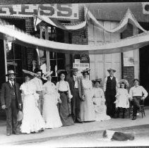 Unidentified group of people in front of Wells Fargo Express Building for July Fourth Grand Celebration