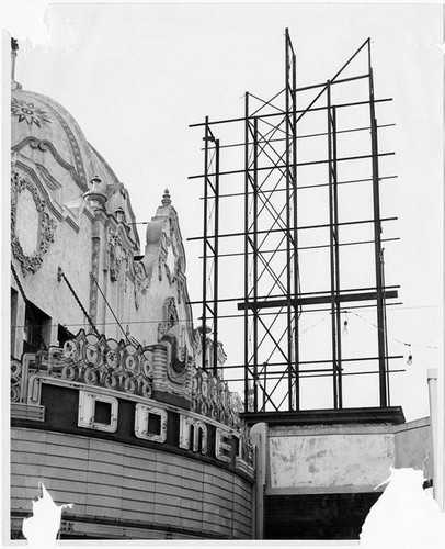 Scaffolding on top of the Dome Theatre during the construction of Pacific Ocean Park, Santa Monica, Calif