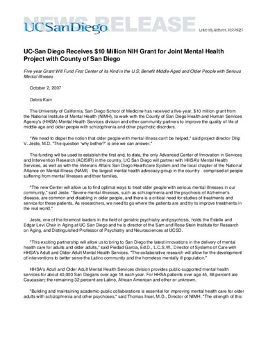 UC-San Diego Receives $10 Million NIH Grant for Joint Mental Health Project with County of San Diego--Five-year Grant Will Fund First Center of its Kind in the U.S; Benefit Middle-Aged and Older People with Serious Mental Illneses