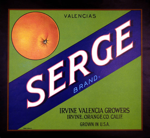 Serge Valencias, Irvine Valencia Growers fruit crate label, ca. 1930
