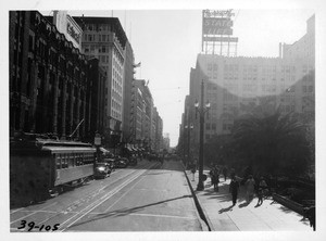 Looking south on Hill Street from in front of Pershing Square, Los Angeles, 1939