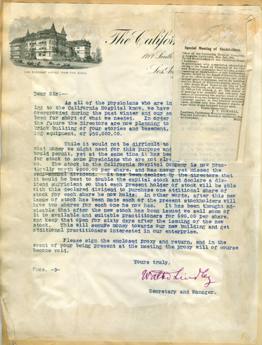 Letter from Walter Lindley to California Hospital stockholders