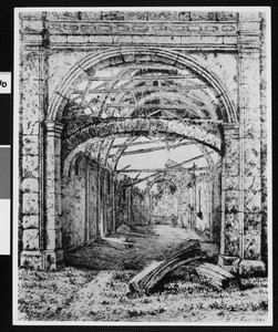 Drawing of the Mission Carmel interior as it was in 1870, sketched by Henry Chapman Ford in 1888