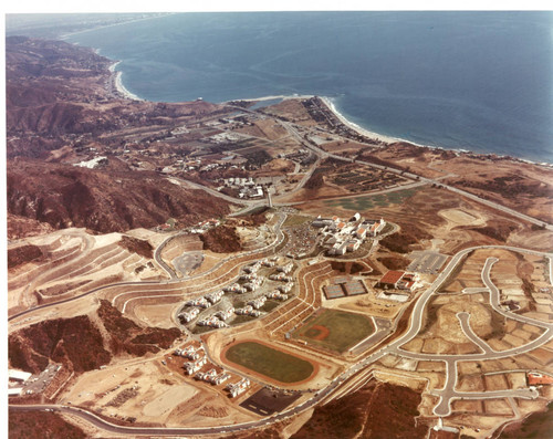 Aerial view of Malibu campus and Pacific Ocean, circa 1974