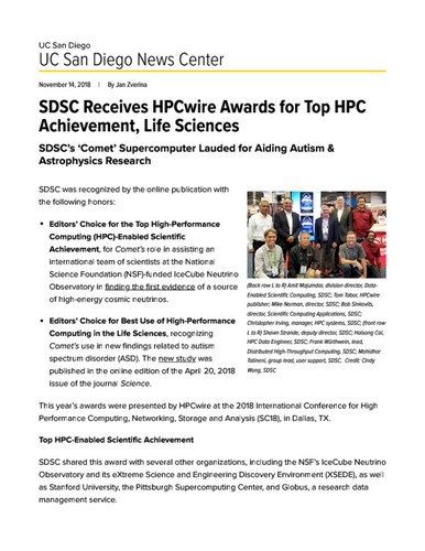 SDSC Receives HPCwire Awards for Top HPC Achievement, Life Sciences