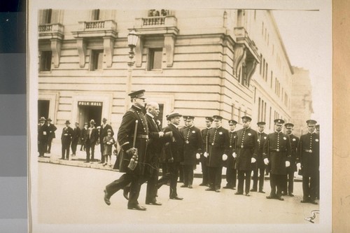 Nov. 3/28. The same inspection--S. F. [San Francisco] Police Dept. with Chief of Police W. J. O'Brien, Mayor Jas. Rolph, Jr. and Theo. J. Roche in the lead