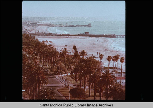 Aerial view of Palisades Park and piers, Santa Monica, Calif