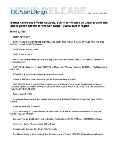 Border Conference Media Advisory, public conference on urban growth and public policy options for the San Diego-Tijuana border region