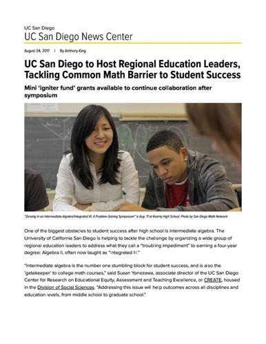 UC San Diego to Host Regional Education Leaders, Tackling Common Math Barrier to Student Success
