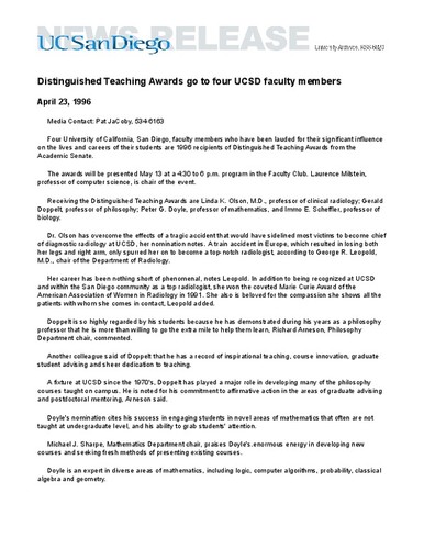Distinguished Teaching Awards go to four UCSD faculty members