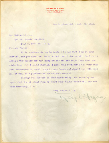 Letter from Dr. Ralph Hagan to Walter Lindley