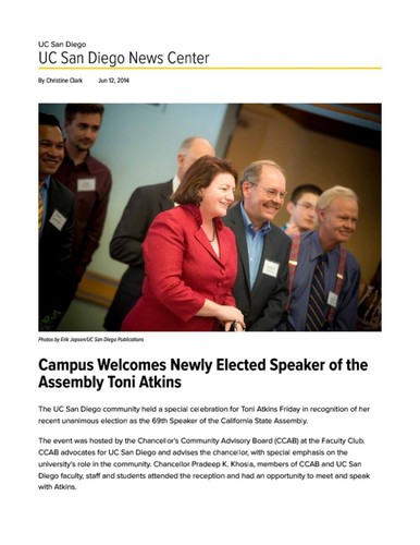 Campus Welcomes Newly Elected Speaker of the Assembly Toni Atkins