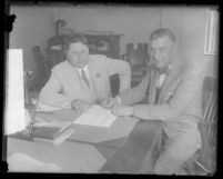 William Wrigley Jr. and Jack Lelivelt signing Lelivelt's contract to become the Los Angeles Angels' manager, Calif., 1929